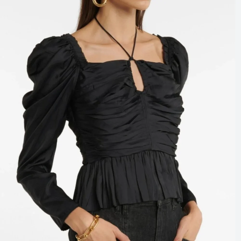NWOT Ulla Johnson Mirelle Black Ruched Peplum Noir Blouse M $395